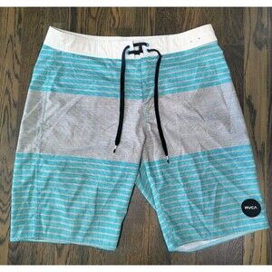 RVCA Men's Board Shorts Size 32 Inseam 11" Swim Trunks Teal Gray Stripes Surf